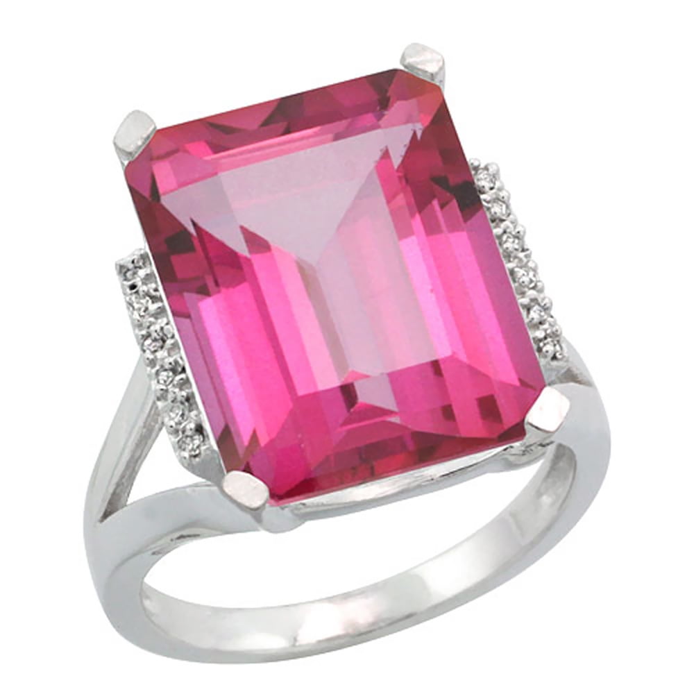 14K White Gold Diamond Natural Pink Topaz Ring Emerald-cut 16x12mm, size 5 by Gabriella Gold