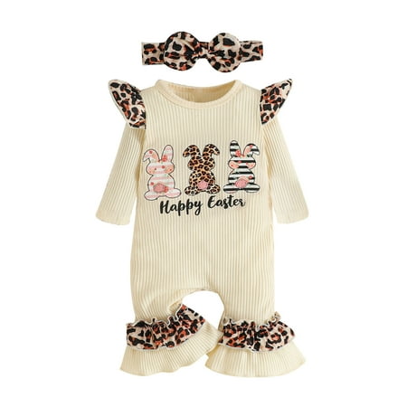 

REORIAFEE Baby Girl Clothes Toddler Easter Outfit Easter Bunny Costume Crew Neck Long Sleeve Easter Cute Letter Rabbit Leopard Print Romper Hairband Suit Beige 3-6 Months