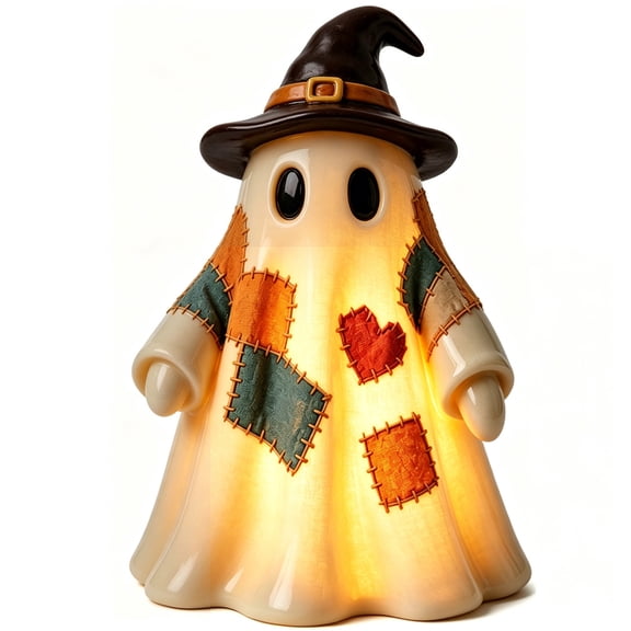 AYktou Halloween Patchwork Ghost Tabletop Figurine, 6 Inch Cute Resin Ghost Farmhouse Fall Tiered Tray Decor, Vintage Patchwork Ghost Ornaments for Mantel Shelf Entryway Porch Office Home Decor