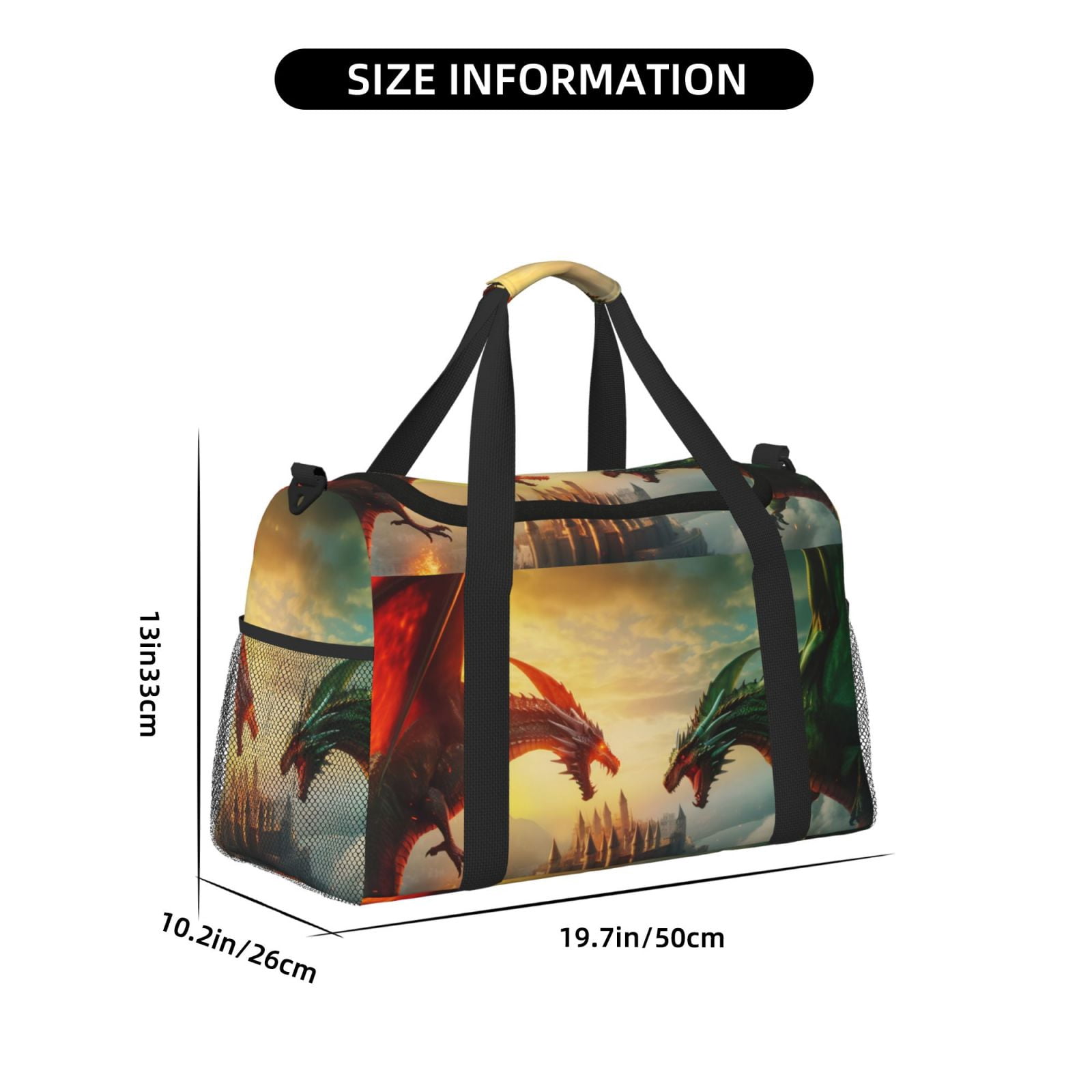 Fuzoiu Castle Red Green Sky Dragon Print Travel Duffle Bag,Carry On Tote Bags,Duffel Bag,Sport Gym Bag, Hospital Bag for Labor and Delivery, Overnight Bag,Luggage Bag