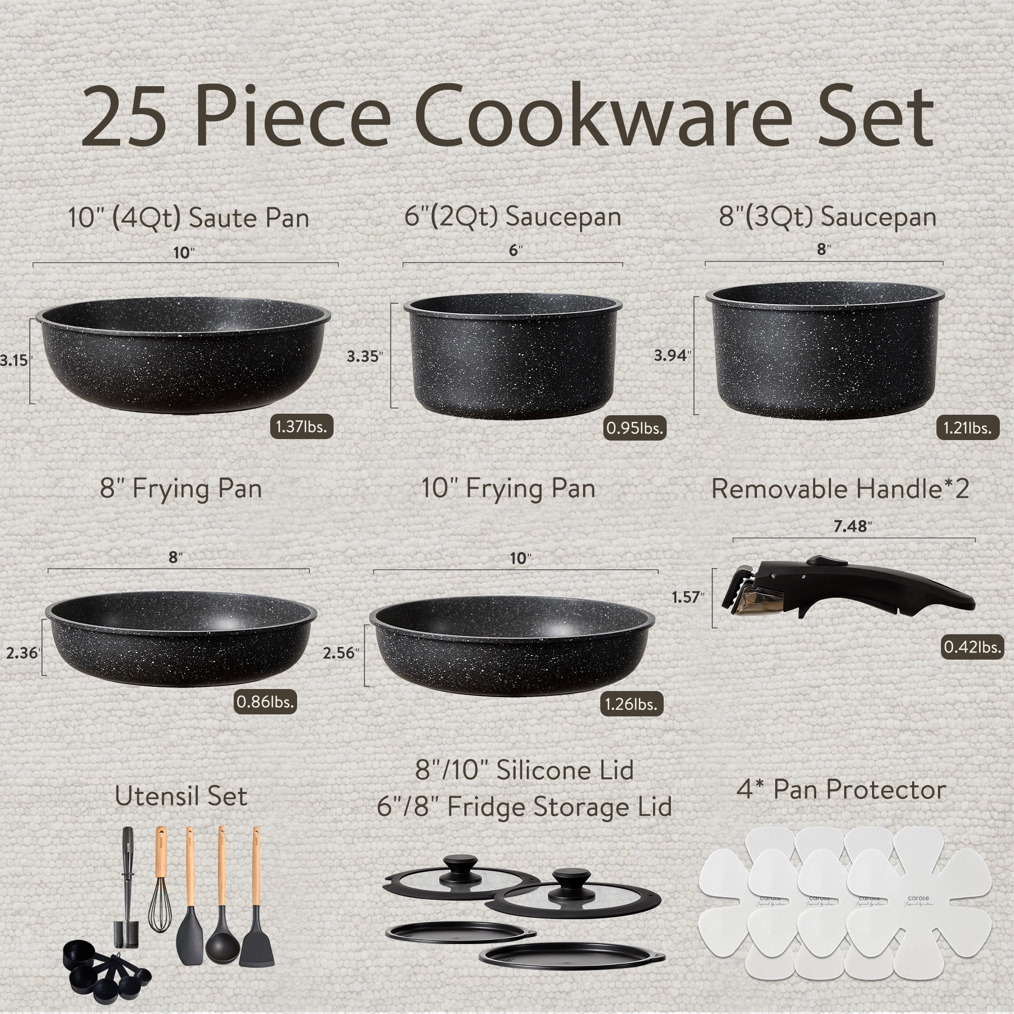 Slowfeel 25-Piece Pots and Pans Set, Nonstick Cookware Set with Detachable Handles, Induction Compatible, Dishwasher Safe, Black