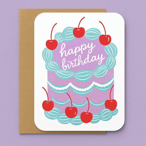 Happy Birthday Card with Cake Illustration ā Colorful Design with Cherries ā Blank Inside, Envelope Included ā Perfect for Birthday Celebrations