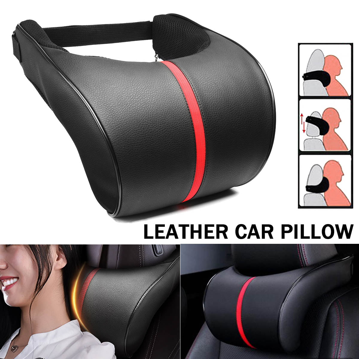 2pcs Ergonomic Memory Cotton Headrest Black PU Leather Neck Rest Cushion Pillows