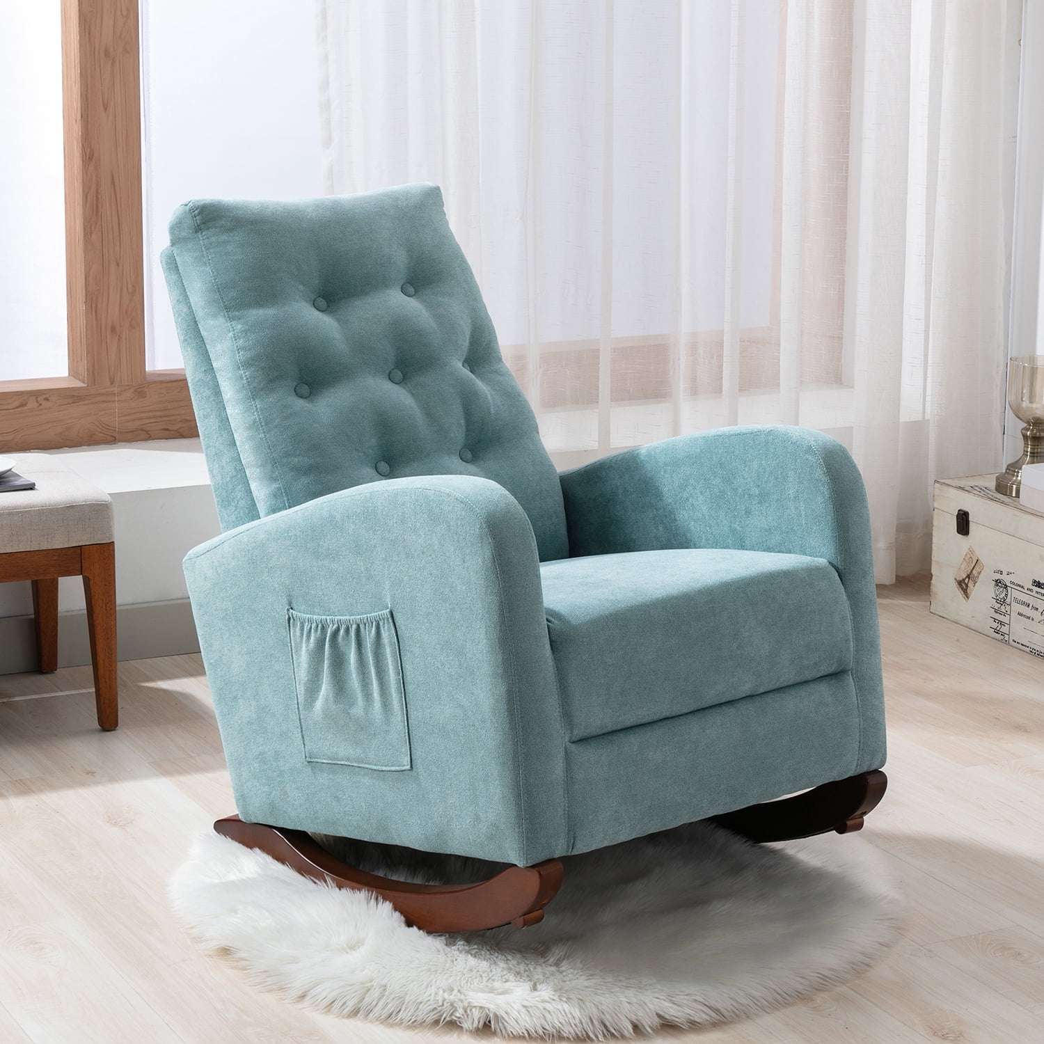 Kadyn High Back Rocking Chair, Modern High Back Armchair for Living Room, Velvet Rocking Chair with Side Pockets, Mint Green Kadyn High Back Rocking Chair, Modern High Back Armchair for Living Room, Velvet Rocking Chair with Side Pockets, Mint Green