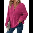thumbnail image 2 of Sudadera con Capucha para Mujer, de Punto Gofre, Larga, Cordón Ajustable, Botones, Cuello en V, Informal, con Capucha Rosa Roja M, 2 of 8