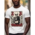 thumbnail image 3 of Black Cat Skull Men's T Shirts Rose Vintage T-Shirt for Men Crew Neck Tees Cotton Tops, White, XL, 3 of 7