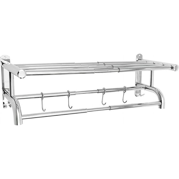 Extendable 19.69"-31.5" 304 Stainless Steel Towel Rack with Shelf & Four Hooks, Wall-Mounted, Rustproof, Heavy-Duty Bathroom Storage Organizer, Easy Install