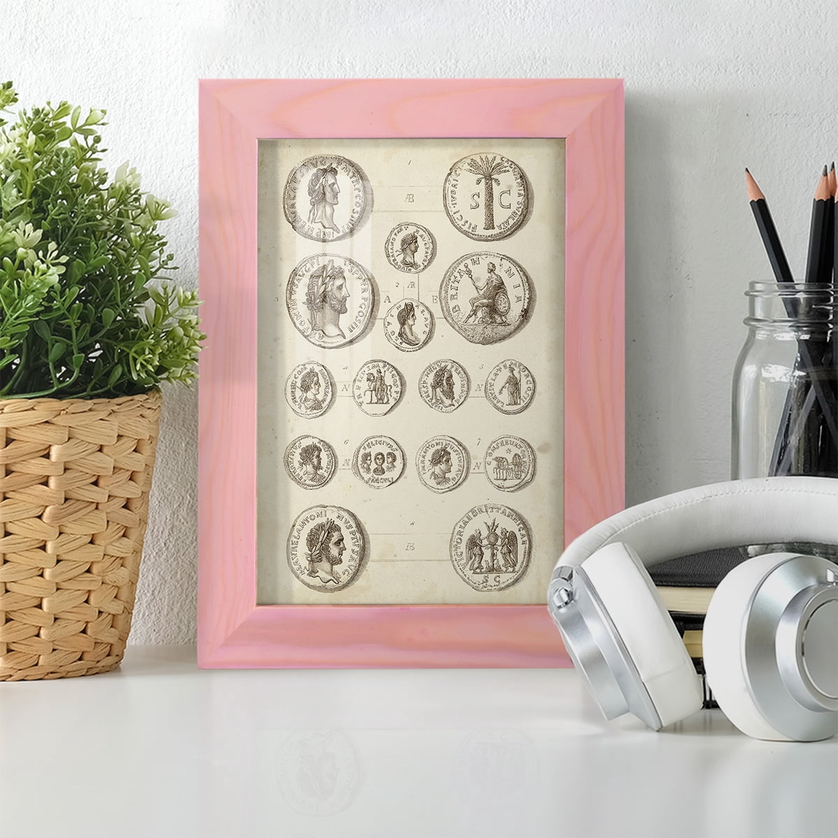 Antique Roman Coins IV -Framed Print w/glass-Sunset Pink