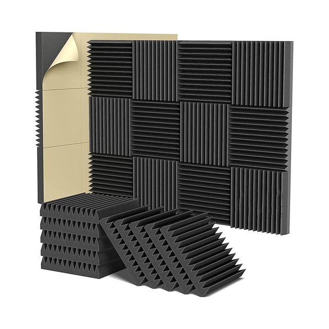 Paneles de espuma acústica, paneles de espuma insonorizados autoadhesivos de 2 x 12 x 12 pulgadas, espuma insonorizada de alta densidad Wa Black, negro