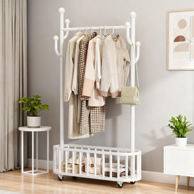 Support à Vêtements Roulant Robuste avec Panier de Rangement et Roues Verrouillables, Portant à Vêtements Portable