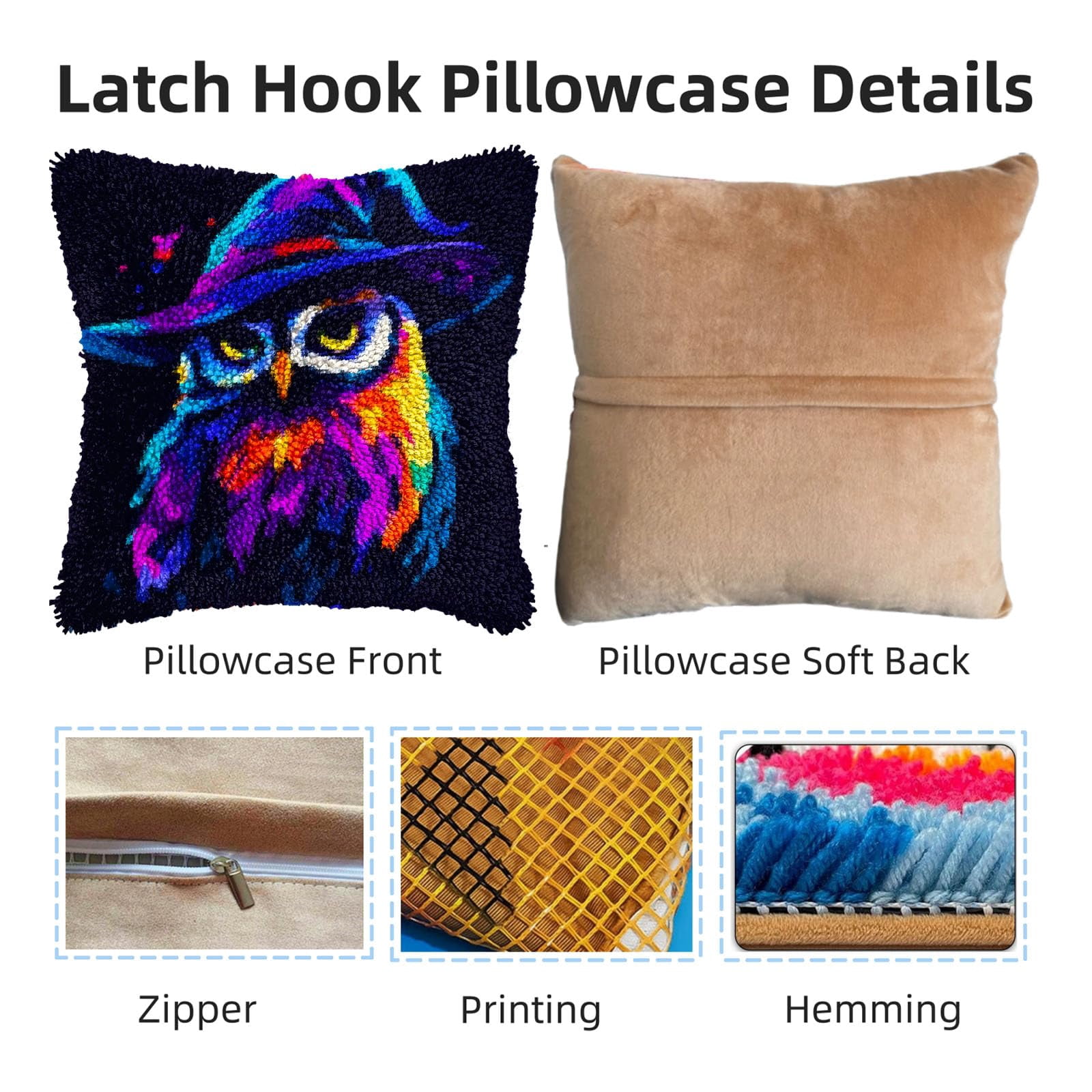 Colored Owl Wear Witch Hat DIY Latch Hook Pillow Kits for Adults Printed Pillowcase Crochet Yarns Hooking Handmade Pillow Cover Cushion for Home Sofa Decoration 17x17inch
