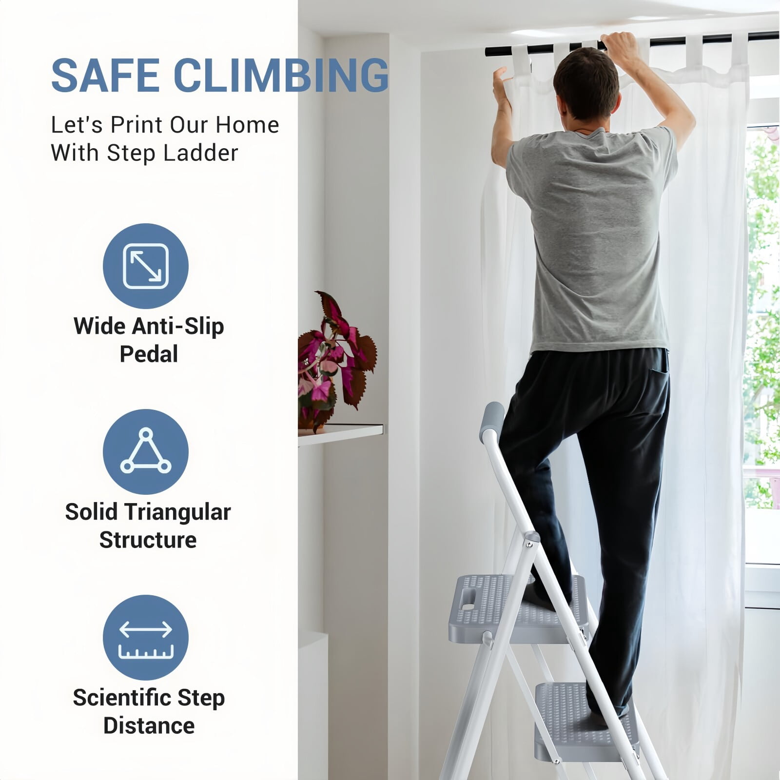 Kelno 2 Step Ladder 800Lbs Capacity Folding Step Stool with Anti Slip Pedals Safety Handrail, Gray White