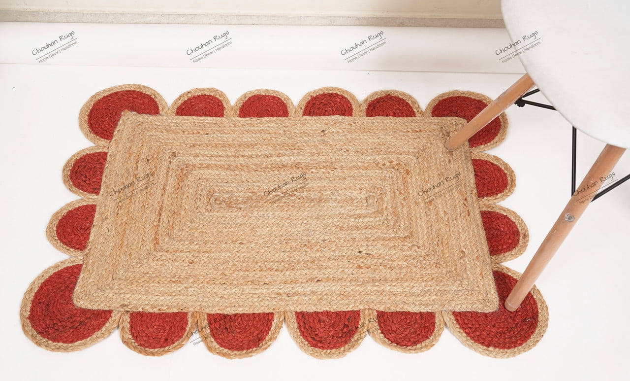 Hand Braided Natural Jute Rug Beige and Red Area Rug Rectangle Rug