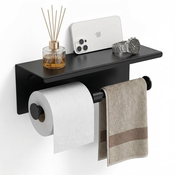 TVOFEK Double Toilet Paper Holder with Shelf, 304 Stainless Steel Wall Mounted Tissue Roll Holder for Bathroom, Rustproof Modern Matte Black