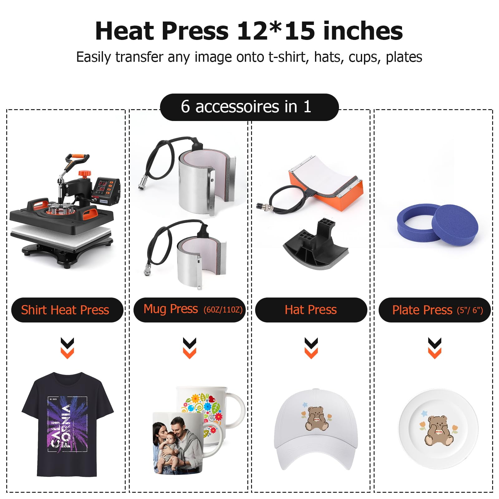 Kojooin Heat Press Machine 12 X 15 inch 6 in 1, 360° Swing Away Shirt Printing Heat Transfer Machine, Digital Industrial-Quality Shirt Pressing Machine for Shirt, Hat, Mug, Plate