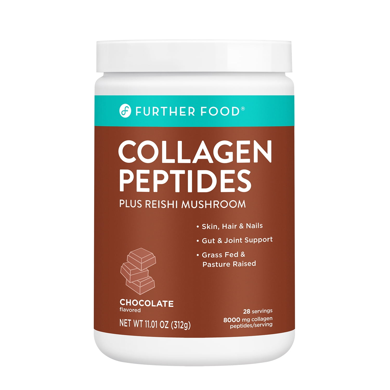 Further Food Chocolate Collagen Peptides Powder Plus Reishi Mushroom, Grass-Fed, 11 oz