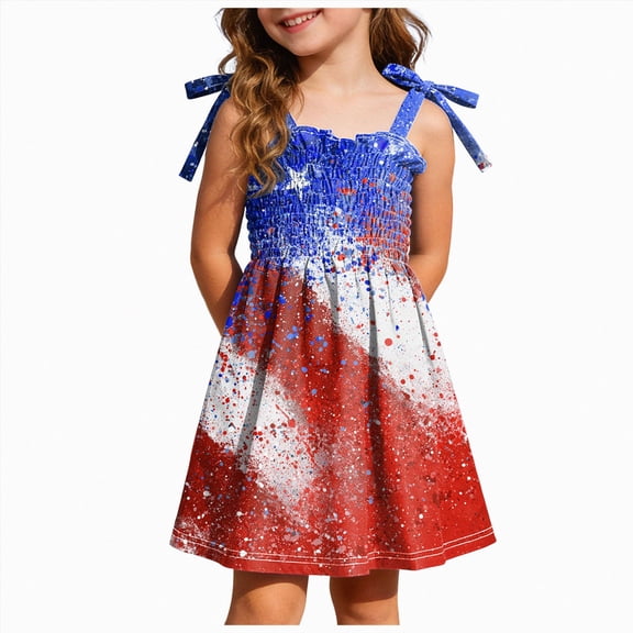 KPOPLK Girls July 4th Dresses Red White Blue Star Toddler Patriotic Outfit American Flag Sundress 1-8 Years(1-2 Years,Red)