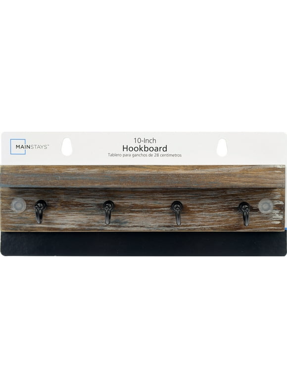 Mainstays 10 Inch Wooden Hookboard with Shelf, 4 Metal Hooks, Includes Mounting Hardware, Antique Grey