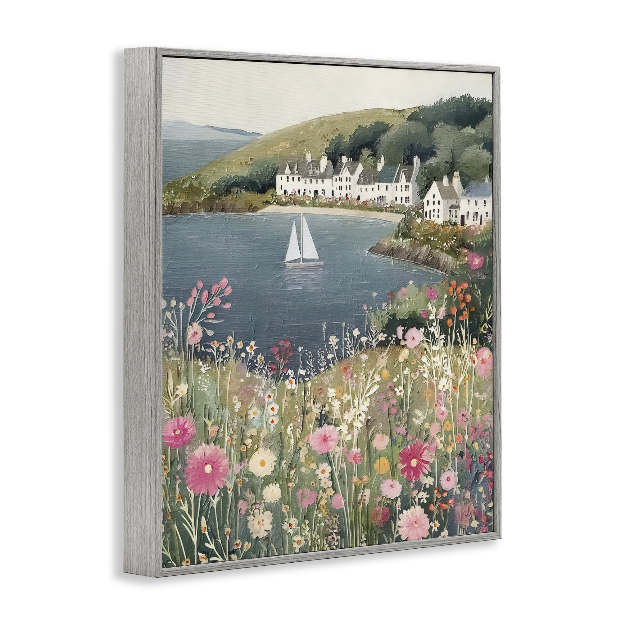 Stupell Industries Clifftop Meadow & Sailboat Gray Framed Giclee Art, design by Riley B