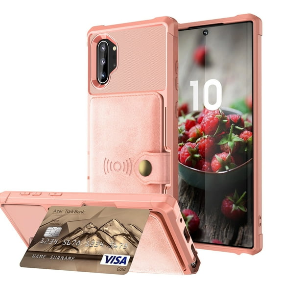 Samsung Galaxy Note 10 Plus Wallet Case,  Heavy Duty Hard Silicone Shockproof Case Flip Leather Card Holder Protective Cover For Samsung Galaxy Note 10  6.8 inch, Rosegold