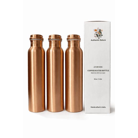 Authentic Nature Ayurvedic Copper Water Bottle, Pure Copper, 1 Litre/34 Oz, Plain, With Health Benefits, Handcrafted in India (Pack of 3 Bottles)