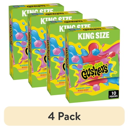 (4 pack) Gushers Super Sour Fruit Flavored Snacks, King Size Pouches, 10 Ct, 20 oz