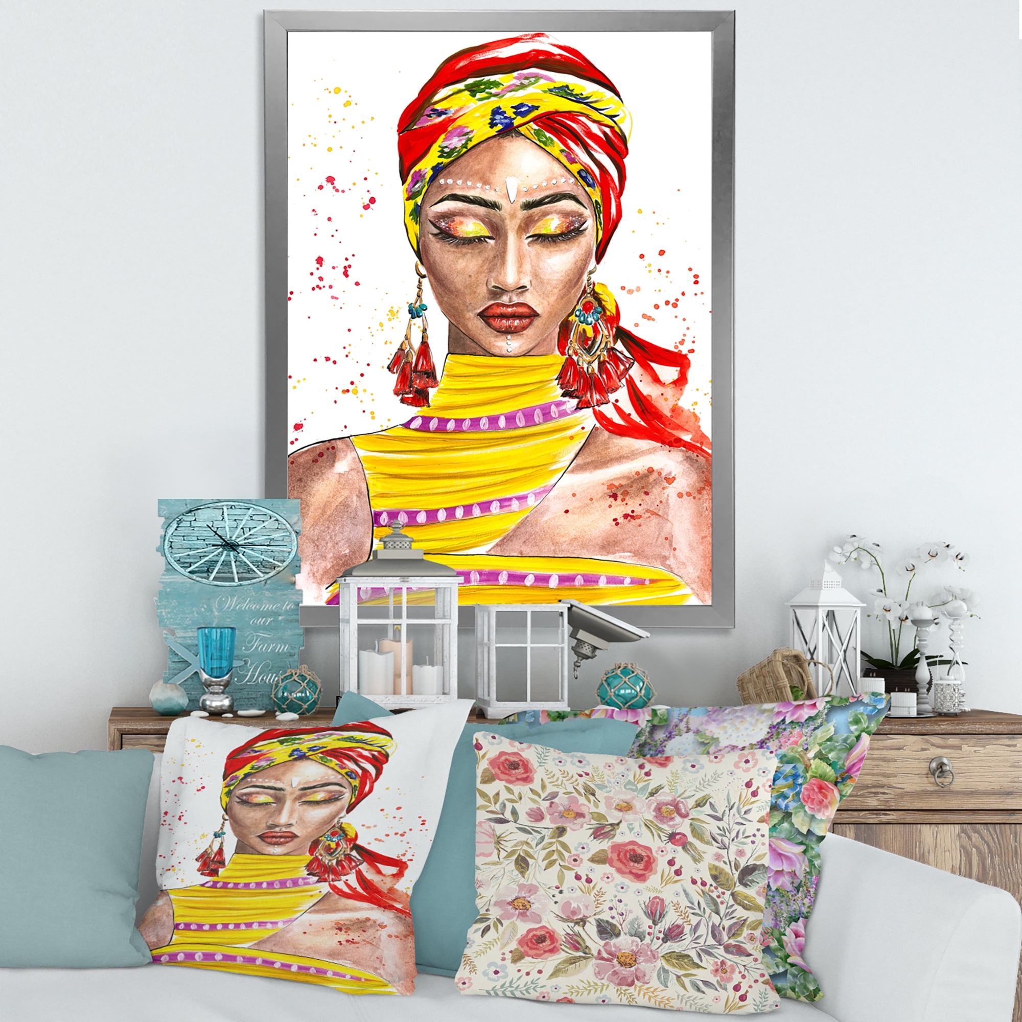 Designart 'Exotic Colorful Portrait of Afro American Woman' Traditional Framed Art Print