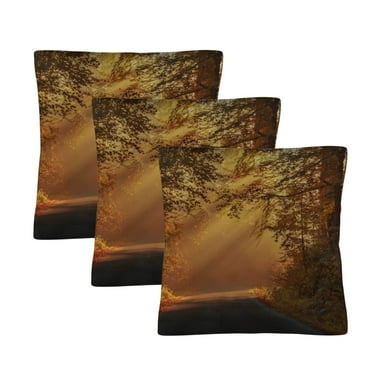 Set of 6 Forest Path Linen-Look Pillow Covers 18x18 Inch - Golden Sunlight Design Throw Pillow Cases for Sofa, Bedroom, Living Room Decor