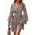 thumbnail image 1 of Robe Mini Fluide à Imprimé pour Femmes, Style Bohème, Col en V, Manches Courtes Évasées, Taille Élastique avec Cordon de Serrage, Motif Coloré, m, 1 of 9