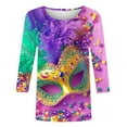 thumbnail image 4 of Cavosen Mardi Gras Womens Shirts Three Quarter Sleeve Holiday Carnival Round Neck Shirts Mask Graphic Print Blouse Festival Fashion Tops Loose Going out Tees Party Tuesday Purple S, 4 of 4