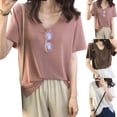 thumbnail image 3 of Women Summer Short Sleeve T-shirt Pure Color V-neck Base Shirt Top Loose Leisure, 3 of 6