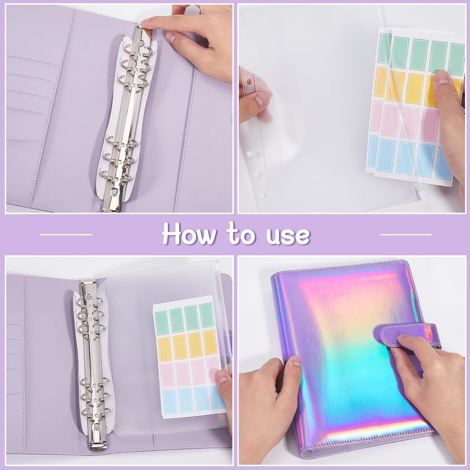 15Pcs A5 Binder Pockets with PU Leather Notebook Binder Cover Clear PVC Binder Pouch Cash Money Organizer Set with 10 Pcs Stickers for Knitting Needles Cash Envelope Document DIY