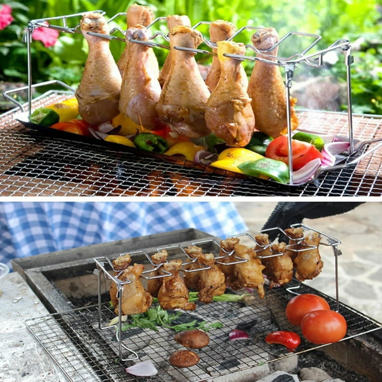 Chicken Leg Wing Rack 14 Slots Stainless Steel Metal Roaster Stand with Drip Tray for BBQ Smoker Grill or Oven, Dishwasher Safe