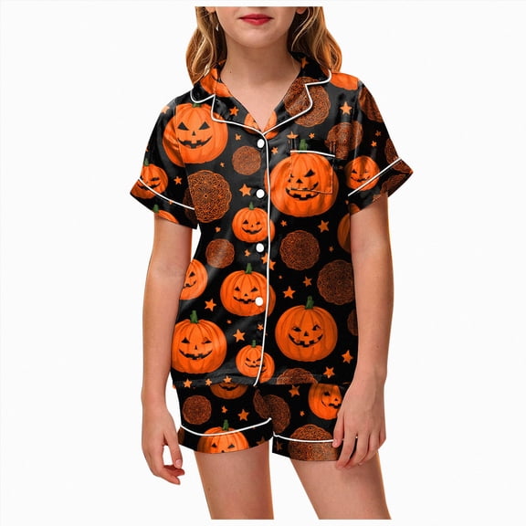 felwors Kids Halloween Pajamas Kids Pumpkin Ghost Print Girls Silk Pjs Short Sleeve Button-Down Top Shorts Set Kids Girls Clothes (Orange,10-11 Years)