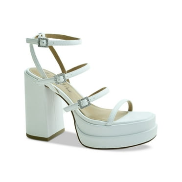 WILD PAIR Womens White 1-1/2" Platform Padded Ankle Strap Goring Olyve Open Toe Block Heel Buckle Heeled Sandal 8.5 M