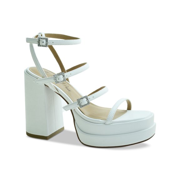 WILD PAIR Womens White 1-1/2" Platform Padded Ankle Strap Goring Olyve Open Toe Block Heel Buckle Heeled Sandal 11 M