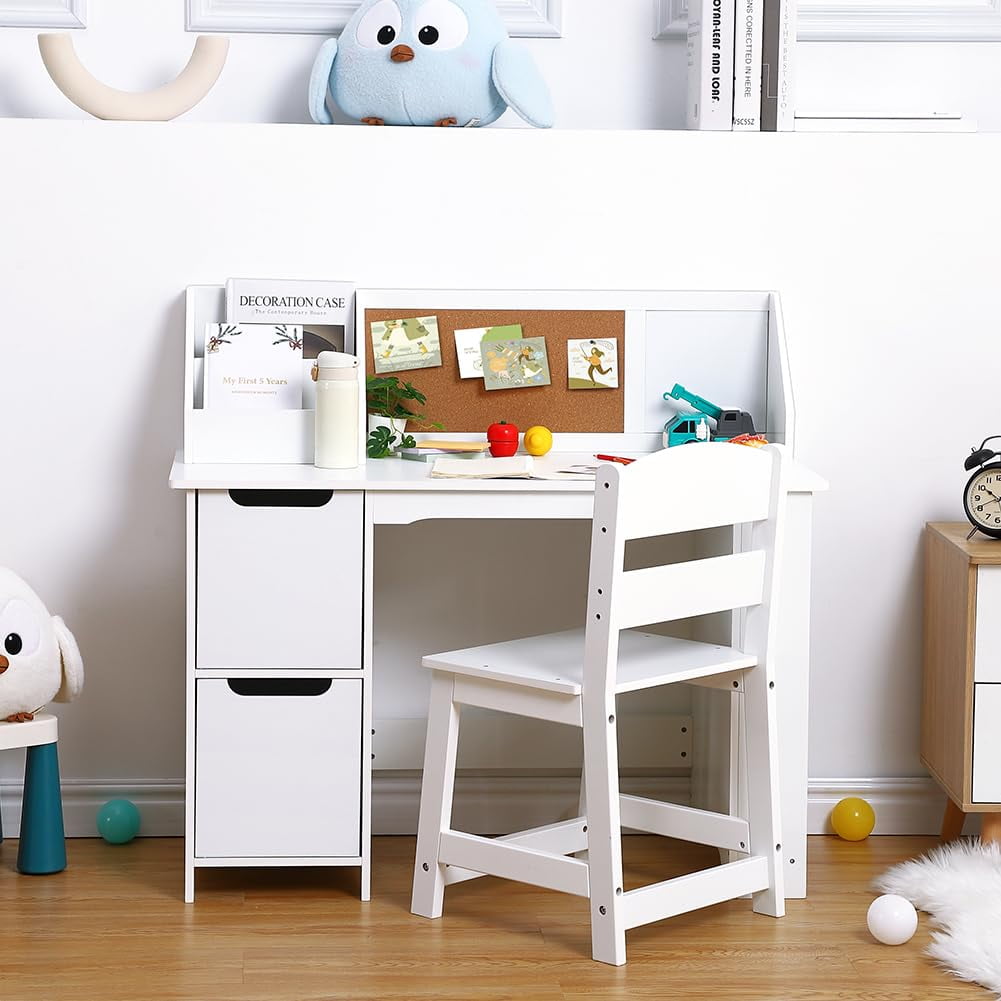 Kids Study Desk and Chair Set, Wooden School Learning Table with Storage, Hutch and Bulletin Board, Children Computer Desk with Chair, Small Toddler Desk for Home, School, White