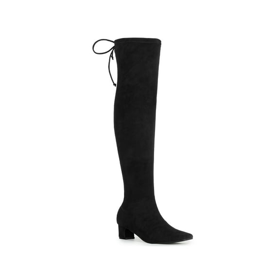 BLISSFUL STEP Women's Boot Faux Suede Thigh High Chunky Heel Square Toe Back Lace Up Side Zipper Boots Black 5