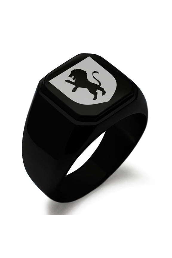Stainless Steel Lion Courage Coat of Arms Shield Engraved Square Flat Top Biker Style Polished Signet Ring