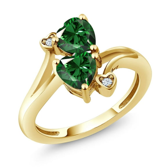 Gem Stone King 1.39 Ct Heart Shape Green Simulated Emerald 10K Yellow Gold Ring (Size 7)