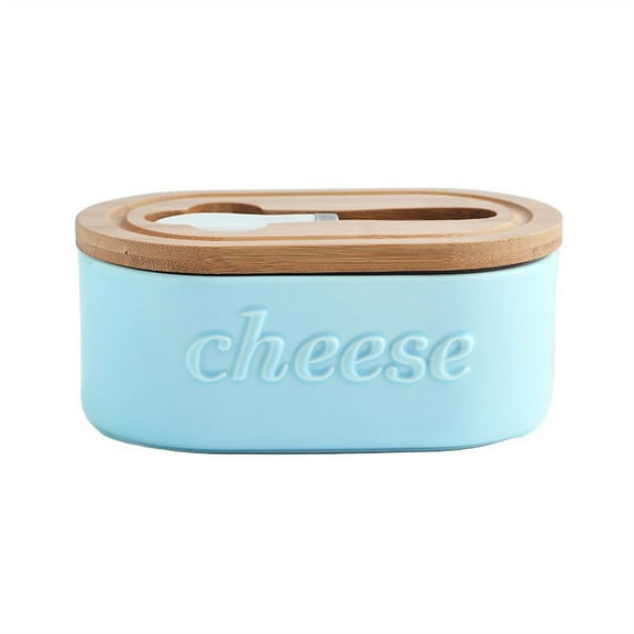 Simple Ceramic Cheese Butter Dish Wooden Lid with Knife Butter Box Food Cheese Crisper Tableware