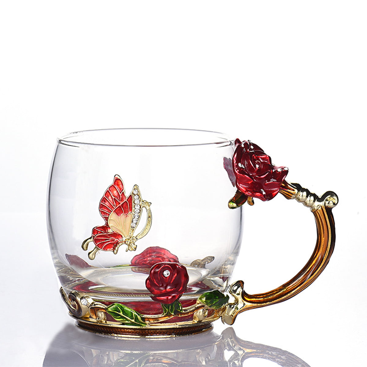 Crystal Glass Enamel Rose Flower Red Tall Drinking Tea Cups Juice Coffee Mugs US 