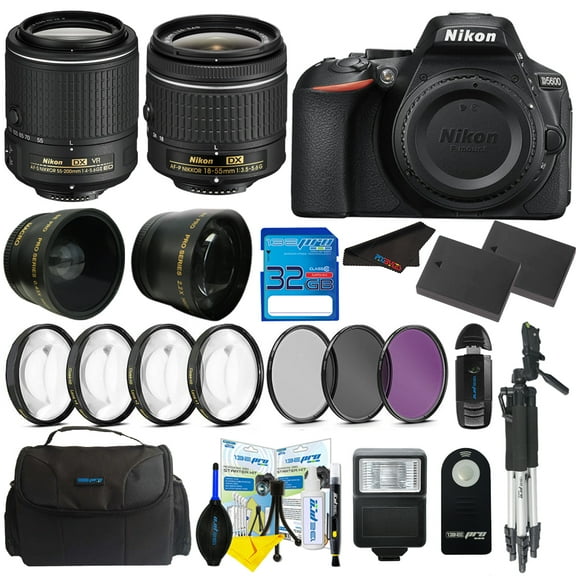 Nikon D5600 DSLR Digital Camera   Nikon AF-P DX NIKKOR 18-55mm f/3.5-5.6G Lens   Nikon AF-S DX NIKKOR 55-200mm f/4.5-5.6G ED VR Lens   Pixi Advanced Bundle Kit
