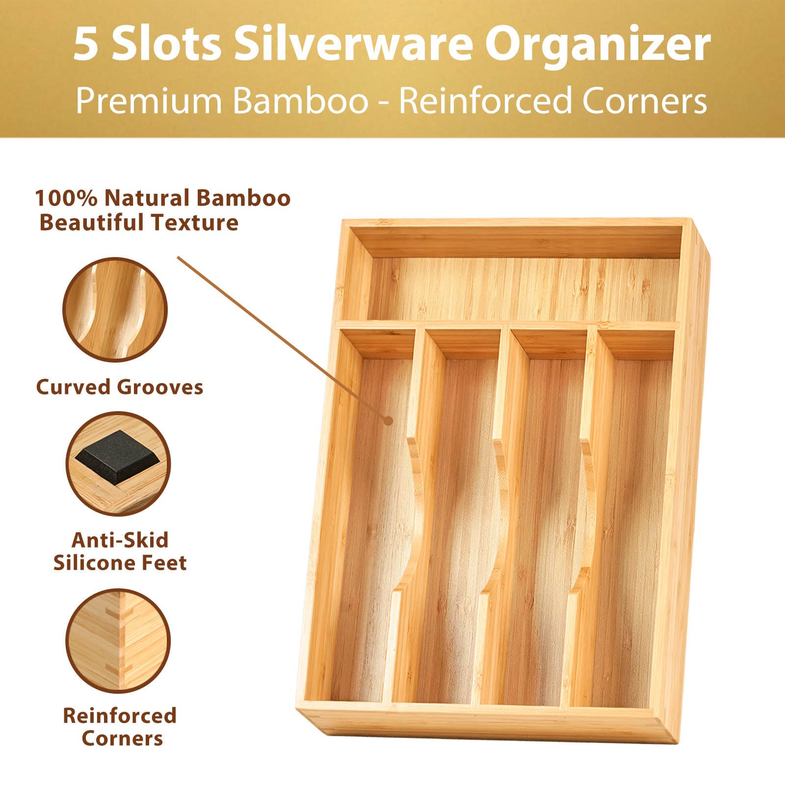 Bamboo Kitchen Drawer Organizer Tray, Silverware Utensils Holder for Small Drawers, Wooden Flatware Cutlery Knives Caddy, Space Saving Design