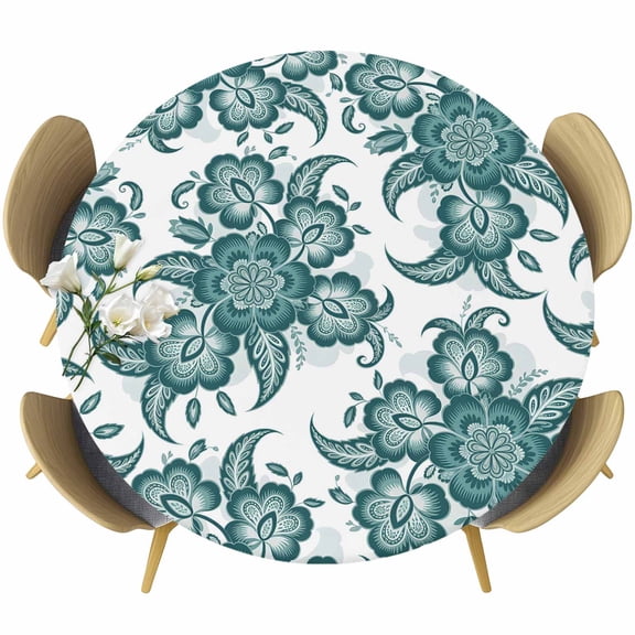 Teal Green Flower Round Tablecloth 36-44 Inch Round Fitted Table Cloth with Elastic Edge, Abstract Vintage Ethnic Floral Waterproof Table Cover Protector for Outdoor Picnic Party Dining