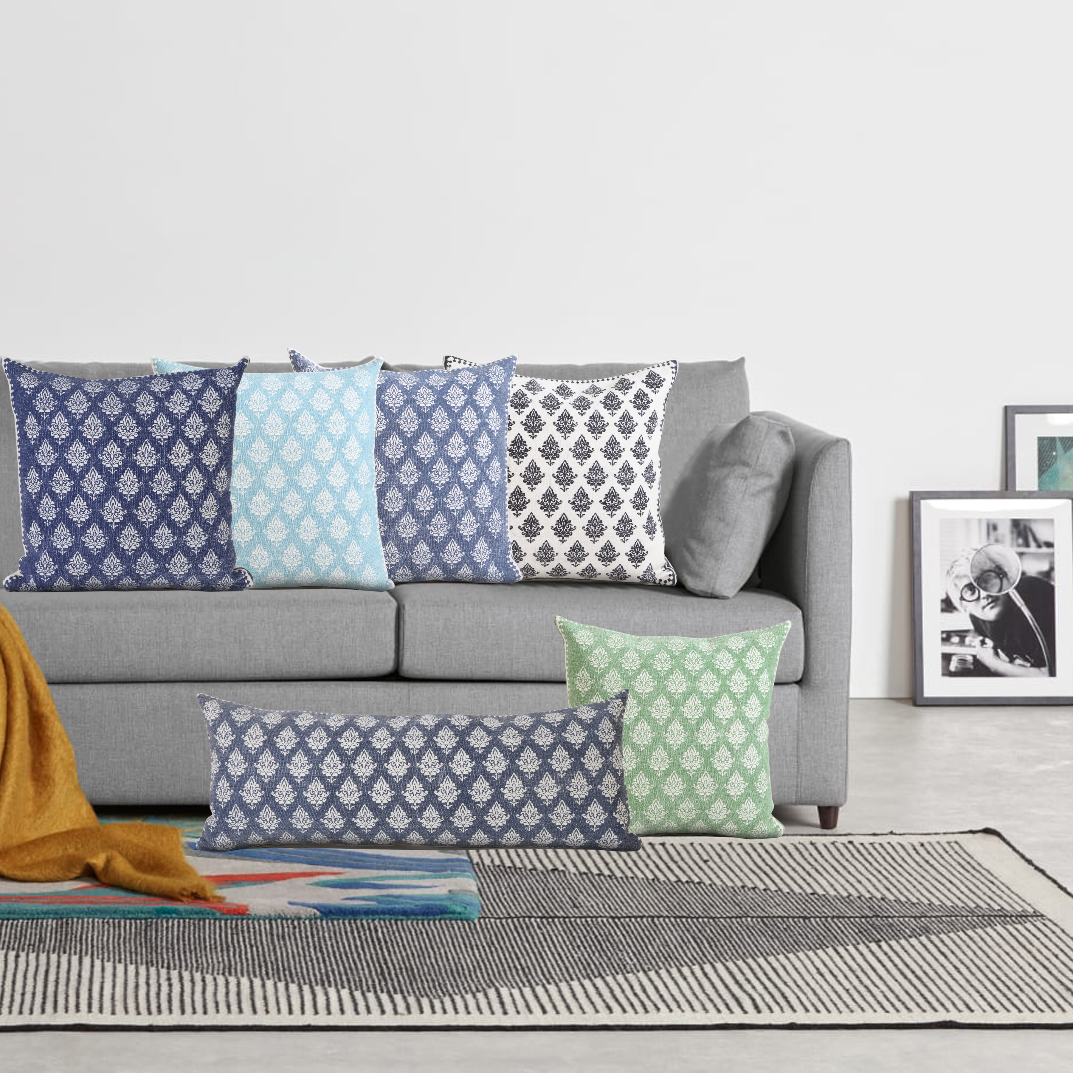 Elm & Oak Grace 20" x 20" Light Blue/White Damask Cotton Adult Decorative Throw Pillow