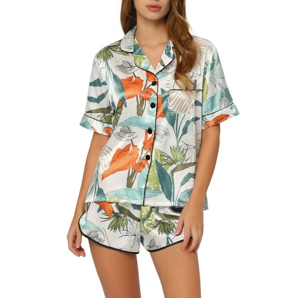 Conjuntos de pijama de satén para mujer INSPIRE CHIC, ropa de noche, camisetas con pantalones cortos, conjuntos de lounge XL verde-blanco