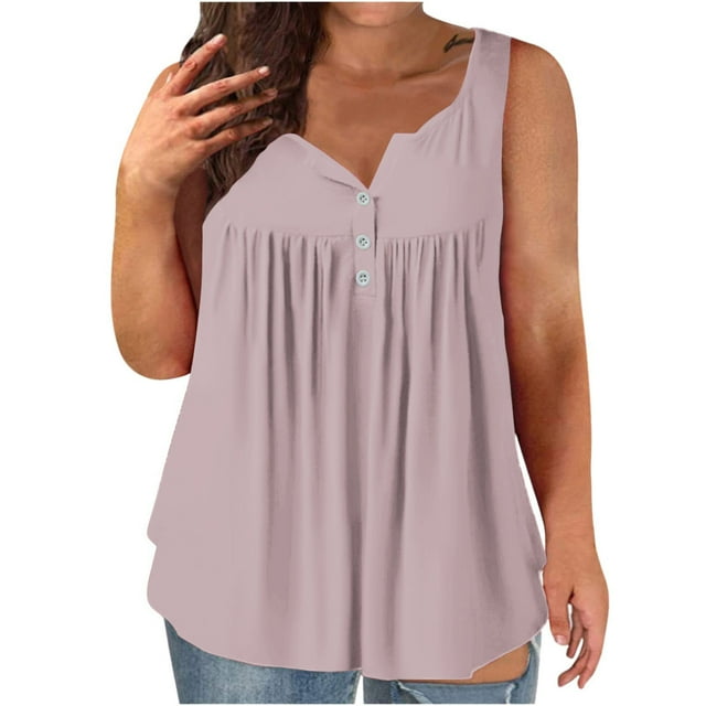Timegard Womens Plus Size Tank Tops V Neck Button Ruched Loose Comfy Sleeveless Tops Casual Summer