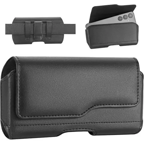 XXL Vertical Cell Phone Holster Case - Universal Belt Clip Pouch with Magnetic Flip Cover & Card Slot, Heavy-Duty Carrying Case (Fits with Thick Protective Cases, Black)