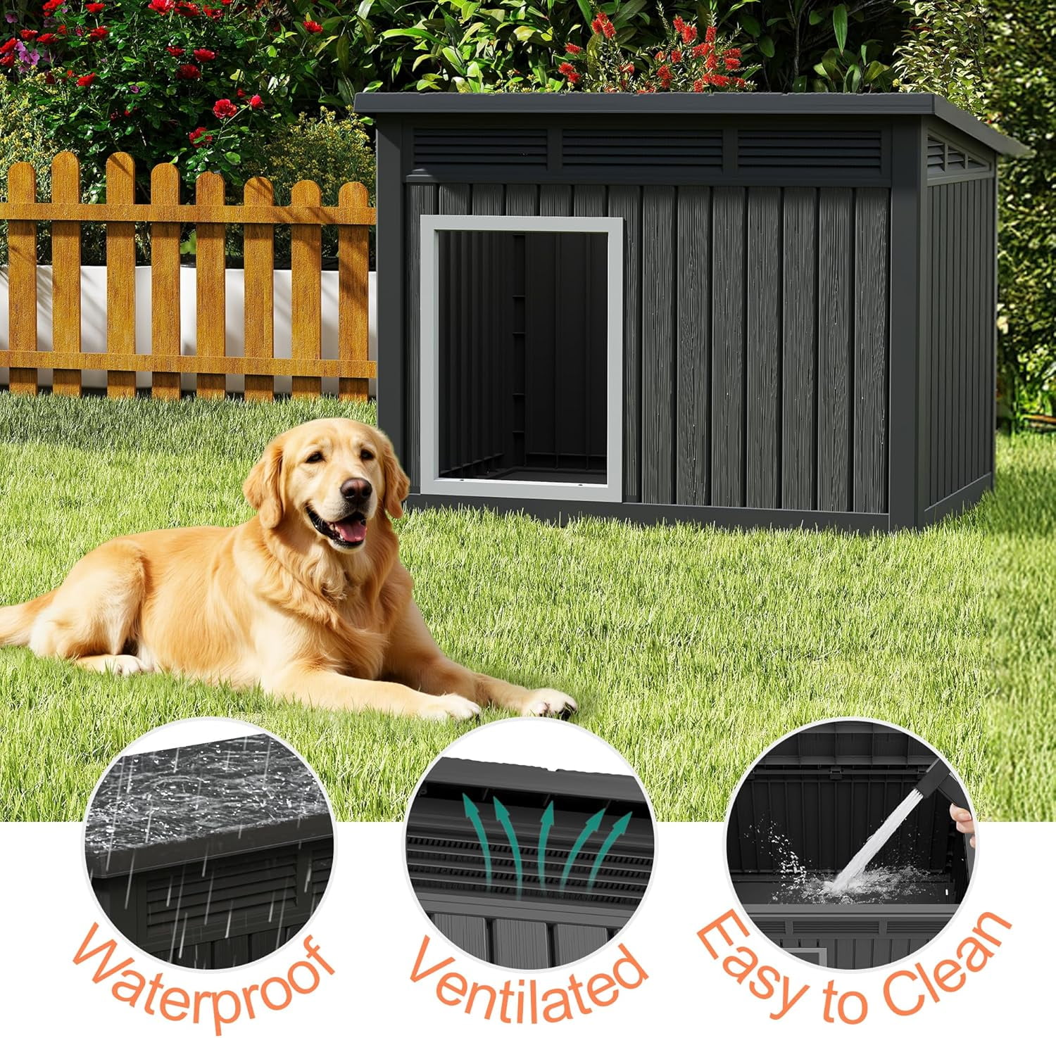 Dog House Outdoor Indoor for Medium Dog - Weatherproof & Removable Roof, Easy Assemble and Clean for Small to Medium Dogs(Grey, 32.1" L × 25.1" W × 24" H)